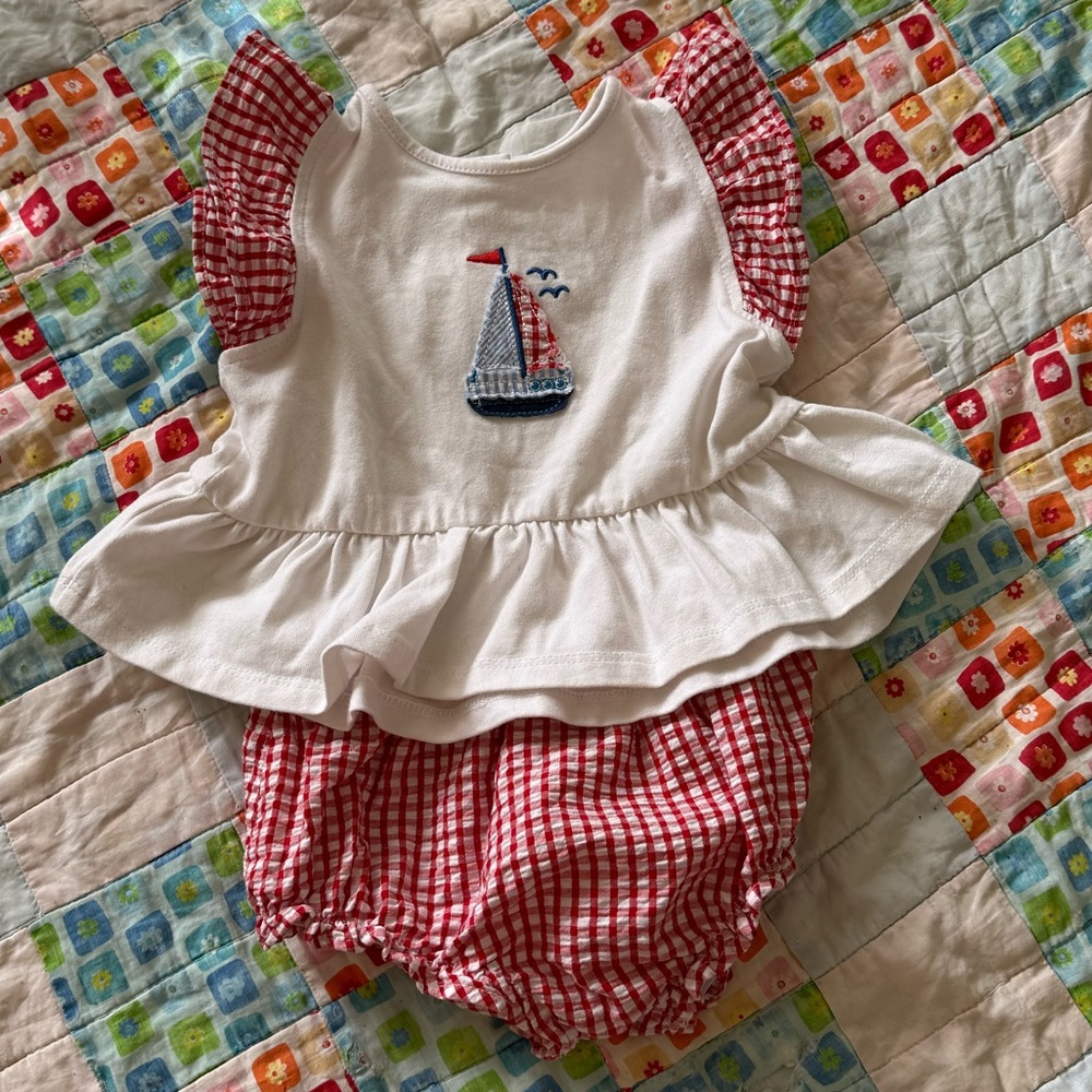 White & Red Sailboat Peplum Baby Top with Bloomers